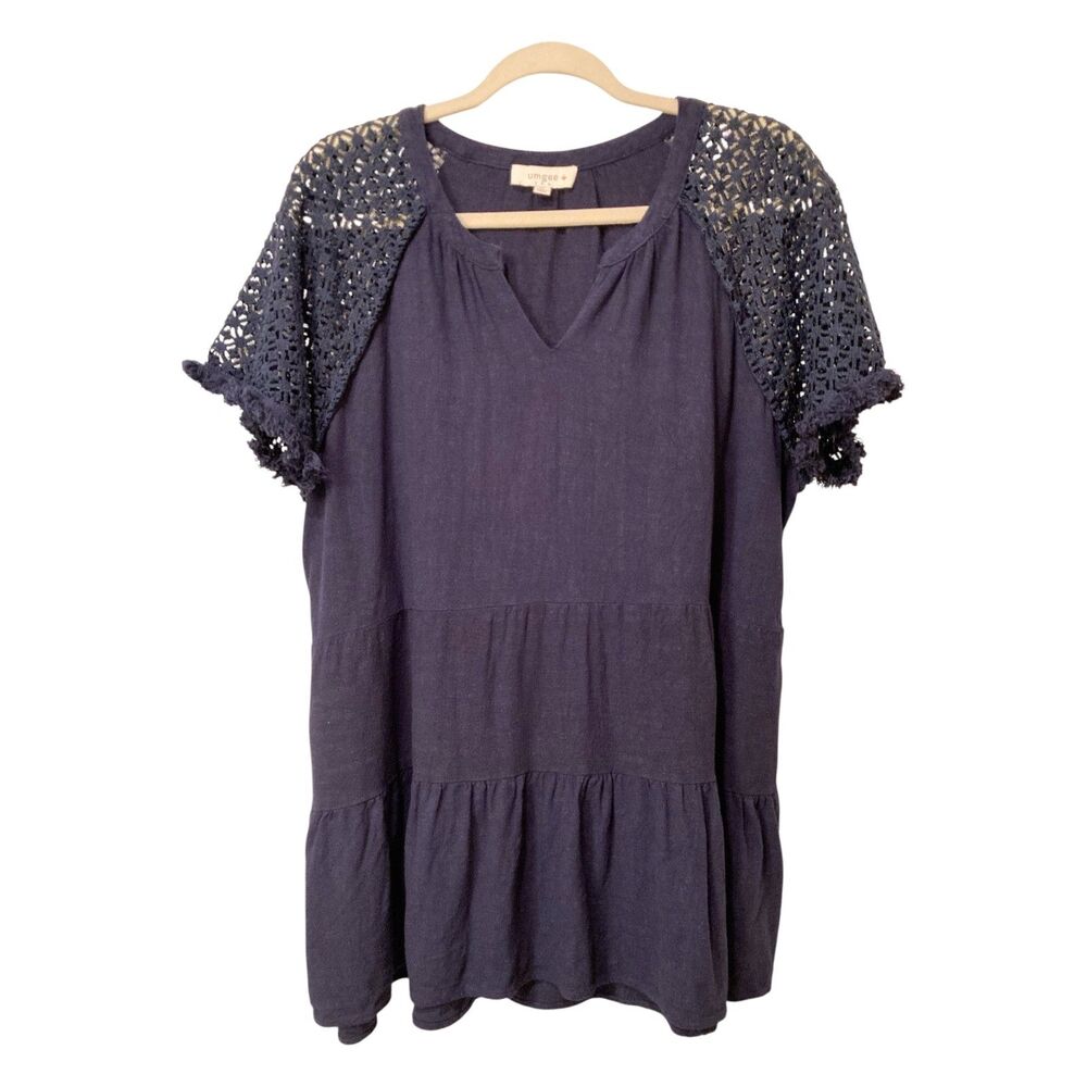 Umgee+ Plus Linen Cotton Blend Crochet Sleeve Navy Blue Tunic Top Size 1XL EUC